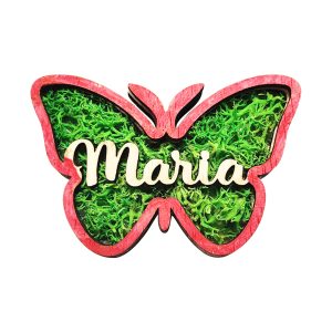 Fluture personalizat cu nume si licheni –Martisor artizanal de lemn cu magnet